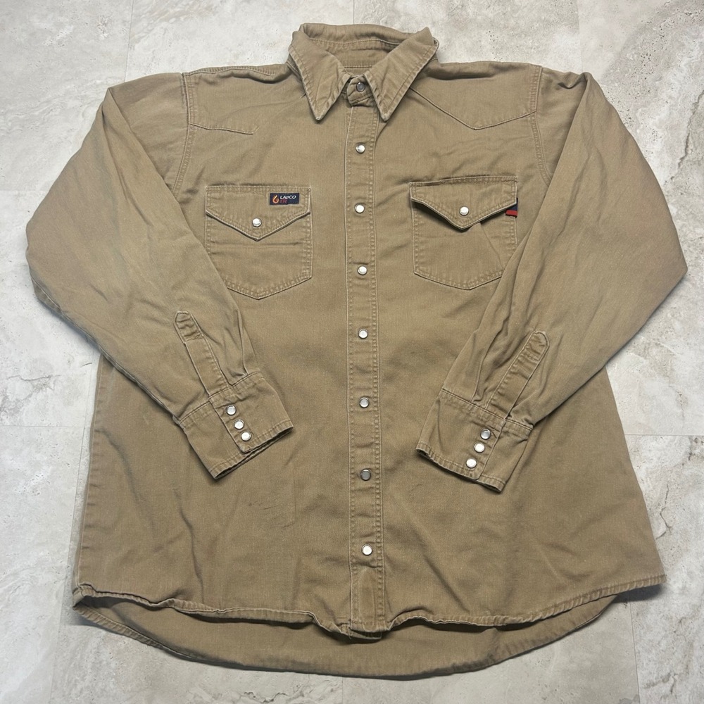 LAPCO FR Work Shirt Khaki Tan Mens Large Flame Resistant Pearl Snap Western